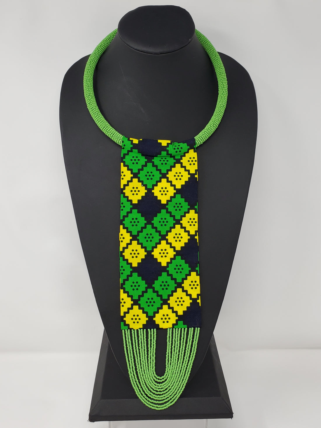 Nkiruka Ankara Necklace with Beaded Wave Green combo