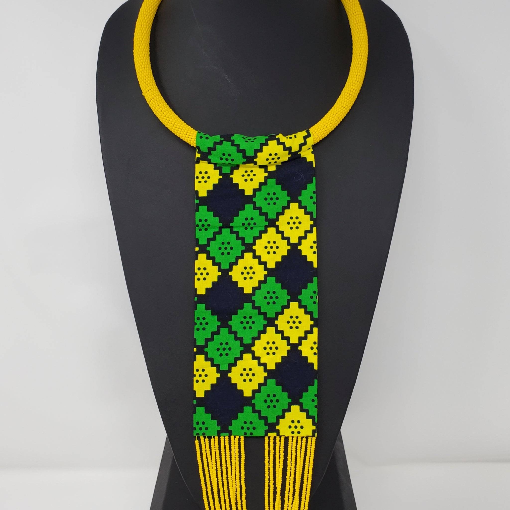 Nkiruka Ankara Necklace with Beaded Wave Green combo